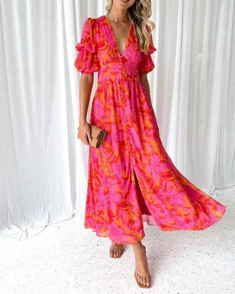 Alva -| Elegant V-neck Puff Sleeve Maxi Dress
