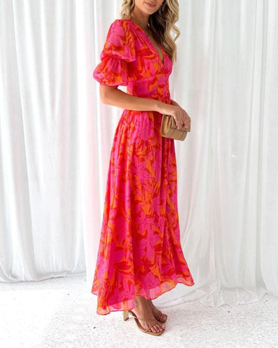 Alva -| Elegant V-neck Puff Sleeve Maxi Dress