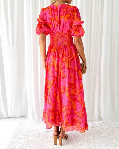 Alva -| Elegant V-neck Puff Sleeve Maxi Dress